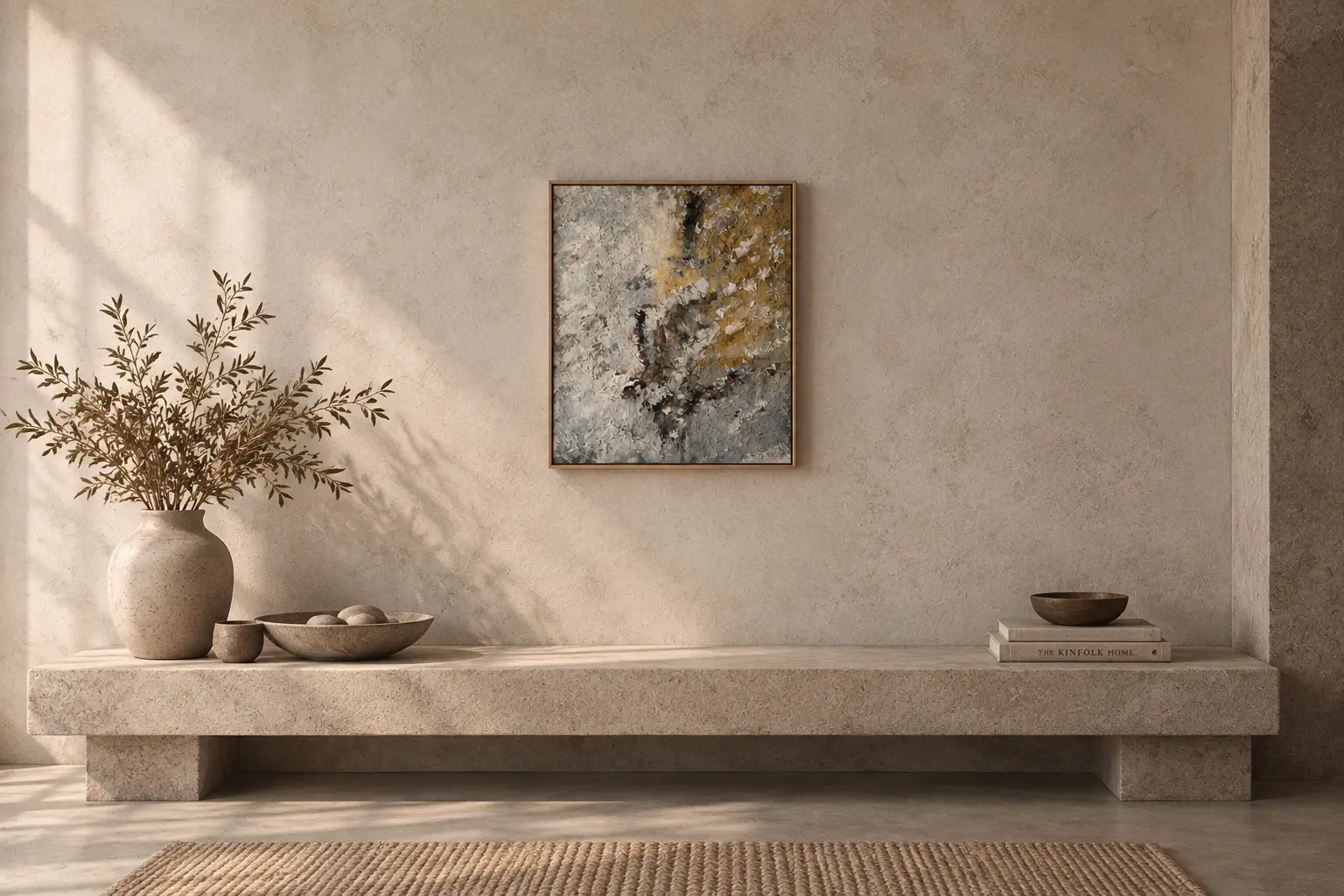 An original Laura Criollo painting displayed in a calm contemporary interior
